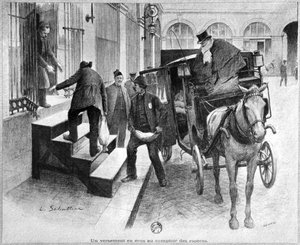 A deposit of crowns at the cash counter, engraved by Chaivire, 1897 by Louis Remy Sabattier
